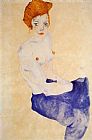 Seated Girl with Bare Torso and Light Blue Skirt by Egon Schiele
